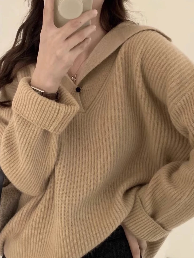 

French Style Turndown Collar Sweater Women's Autumn Winter Loose Lazy Style Knitted Top Soft Long Sleeved Solid Color Pullover