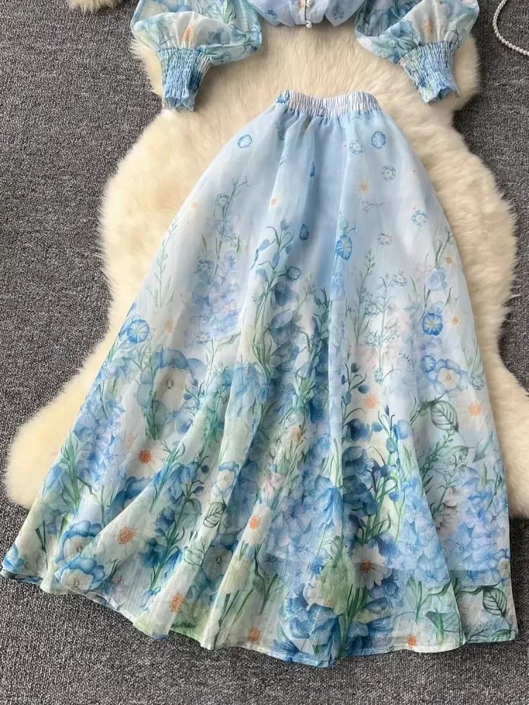 Summer Holiday Organza Gorgeous Flower 2 Piece Set Women Long Lantern Sleeve Shirt Blouse and Elastic Waist A Line Skirt Suit