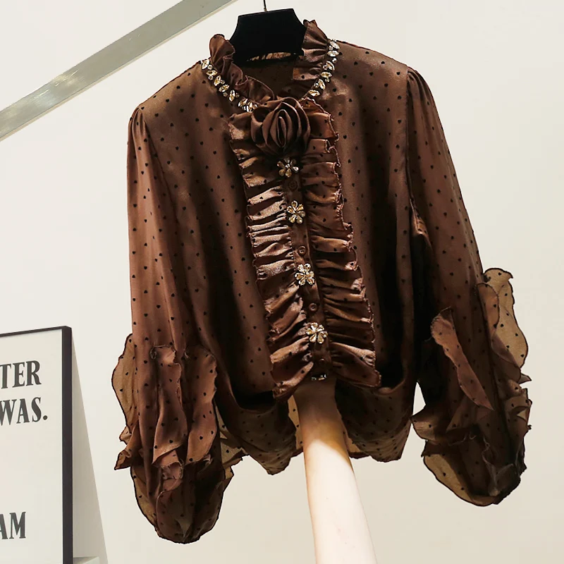 

Faionable Diamond Embedded Retro Court Sle Polka Dot irt Bell Sve Floral Design Top Women's Polyester Blend Win...