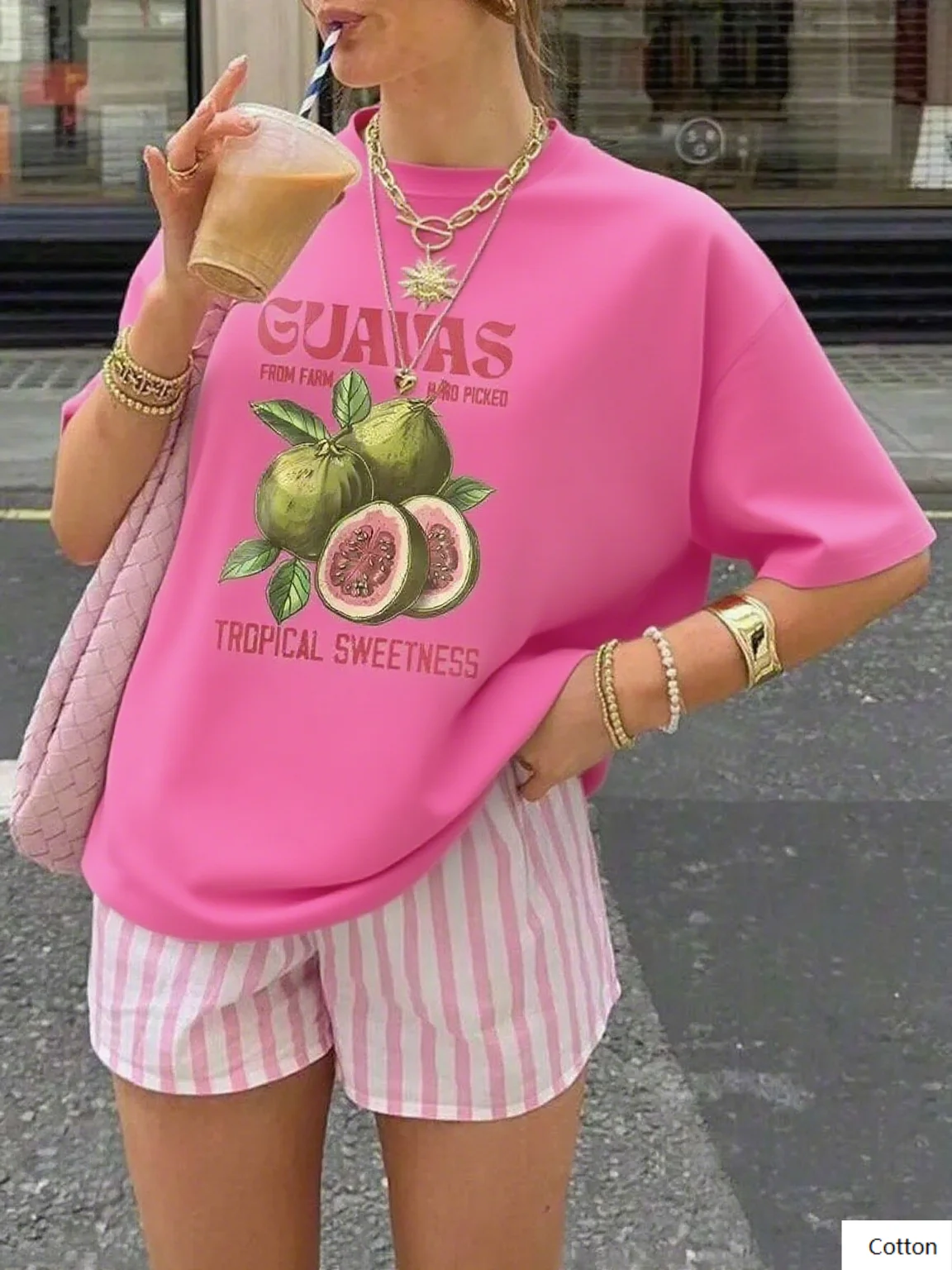 تي شيرت قطني عالي الجودة مع طباعة الجوافة وشعار استوائي يرفع أسلوبك أثناء التمتع بحلاوة الصيف المحملة S-4XL