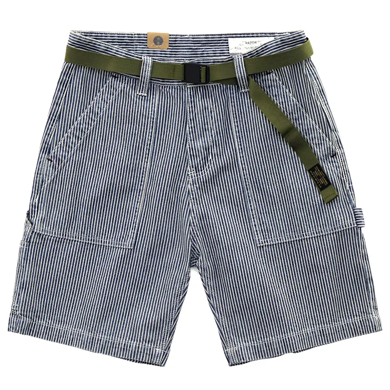 

Summer American Retro Denim Striped Tooling Shorts Men's Fashion 100% Cotton Washed Old Straight Loose Casual Five-point Pants