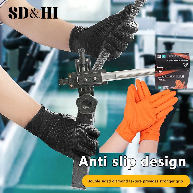 

10/30PCS Disposable Gloves With Diamond Textured Grip For Mechanic Safety And Work Gloves Heavy Duty Orange Nitrile Gloves