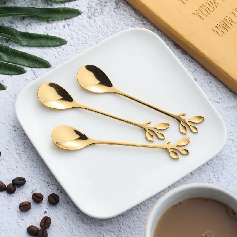 

Stainless Steel Gold Tree Leaf Coffee Spoon, Tea Spoon, Dessert Spoon, 5PCS for Home or Restaurant