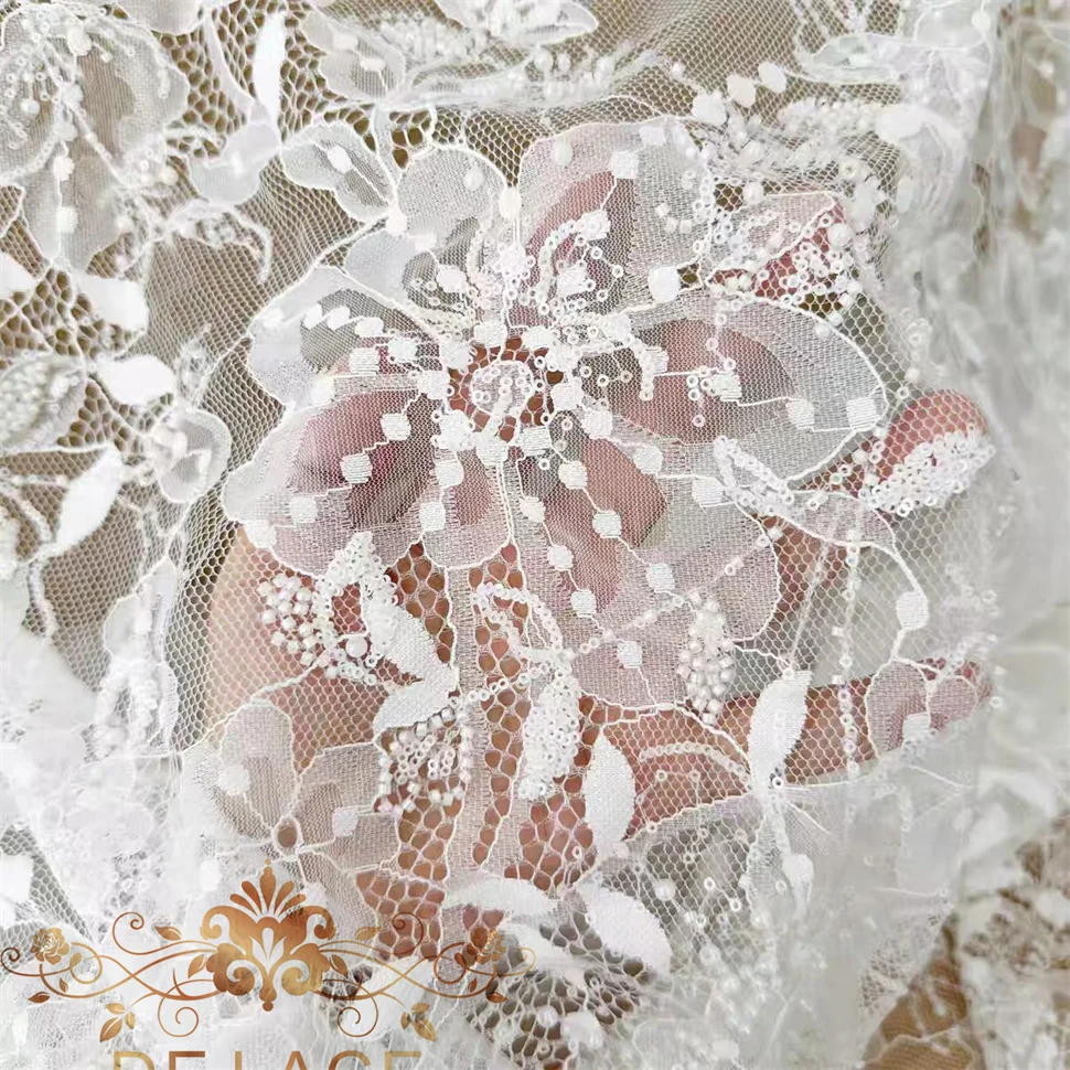 SXGN High Quality Ivory Chantilly Lace Trim Delicate Floral Embroidered Eyelash Fabric With Shining Sequins