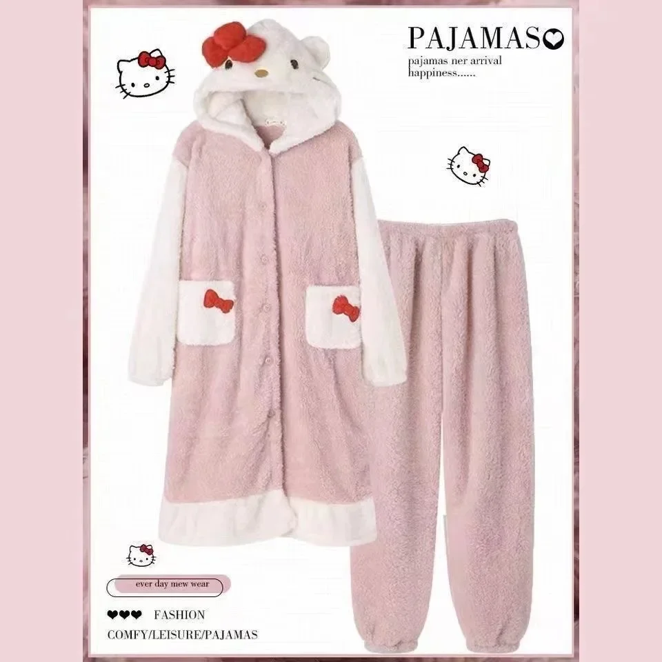 Sanrio Anime Hello Kitty Coral Velvet Pajamas Autumn and Winter Warm Suit Home Warm and Comfortable Velvet Thickened Pajamas