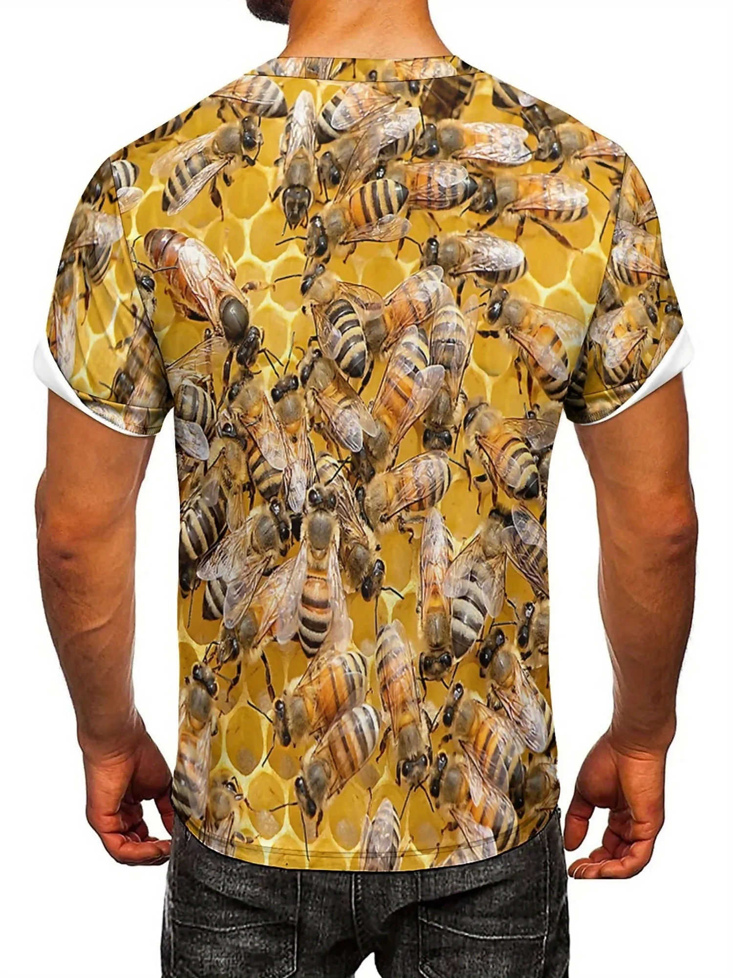 Camiseta masculina com estampa de abelha 3D – poliéster macio, gola redonda, manga curta, padrão geométrico, ajuste regular, conforto para todas as estações