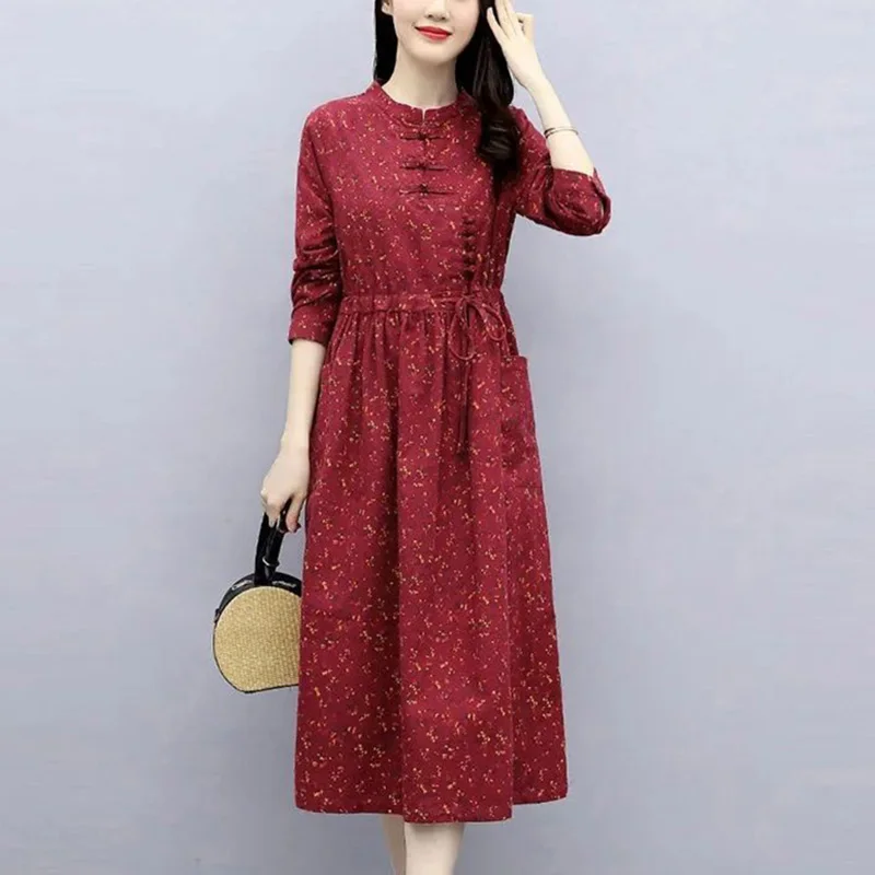 Vintage Printed Spliced Pockets Shirring Bandage Bow Midi Dress Women's Clothing 2023 Autumn New Loose Office Lady Floral Dress