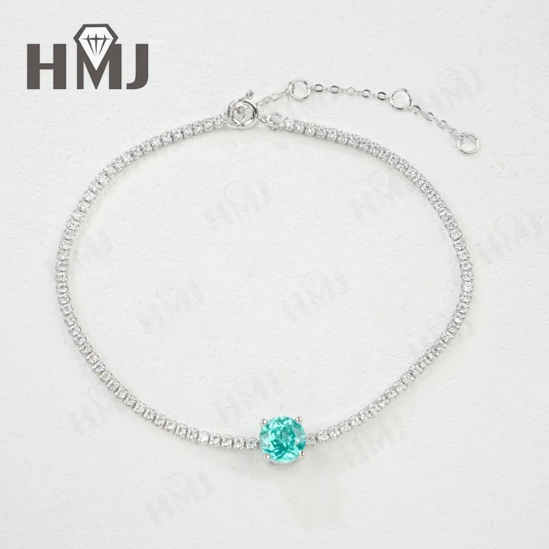 

Lab-Grown Gemstone Bracelet Round Ruby Colombian Paraiba Four-Prong 925 Sterling Silver CZ Accents Christmas Gift NoFade Quality