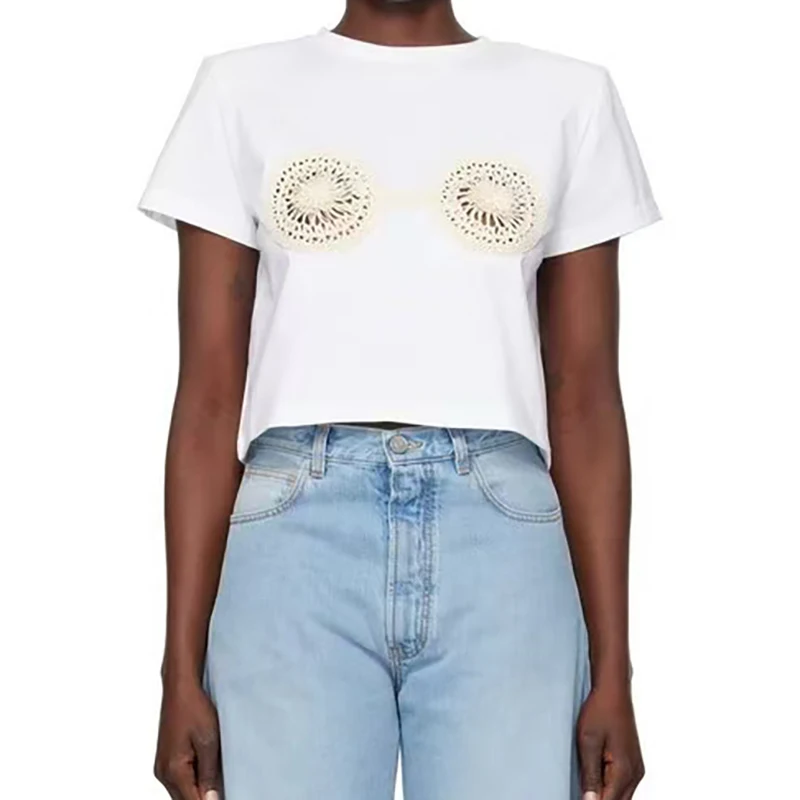 

Ladies' round-neck short-sleeved T-shirt, shoulder-padded knitted top, fashionable, sexy and versatile short T-shirt, 2025, new