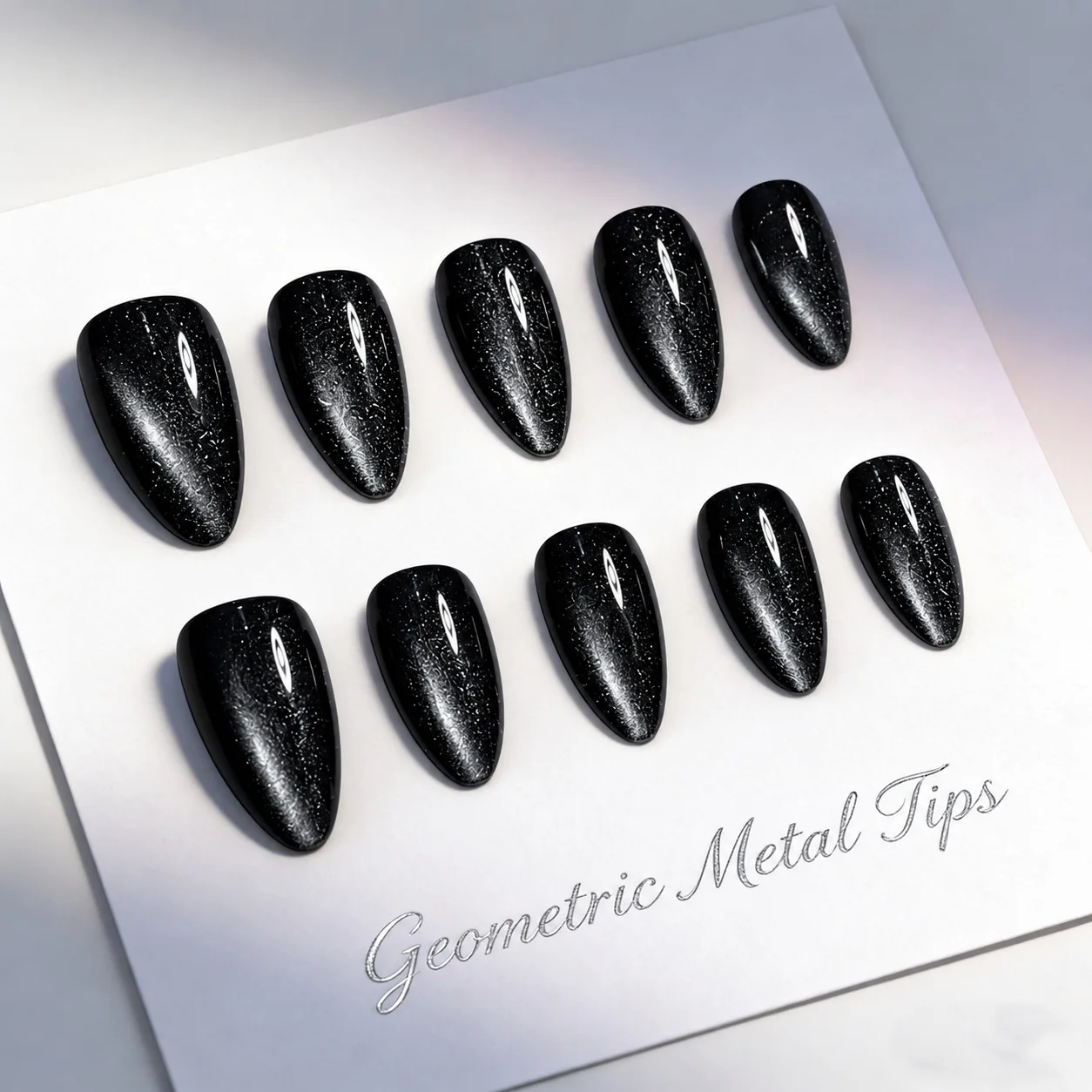30Pcs Almond Glossy Black Fine Glitter Cat Eye Press On Nails Ins Pre-made Finished False Nail Strips For Daily Women Manicure
