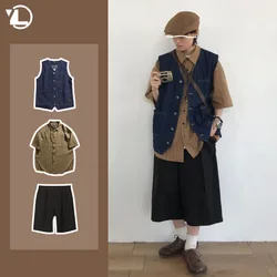 Harajuku Street Mens 3-Piece Set Casual Vest+Striped Shirt+Solid Shorts Suit Japanese College Fashion Loose Set Unisex Trend