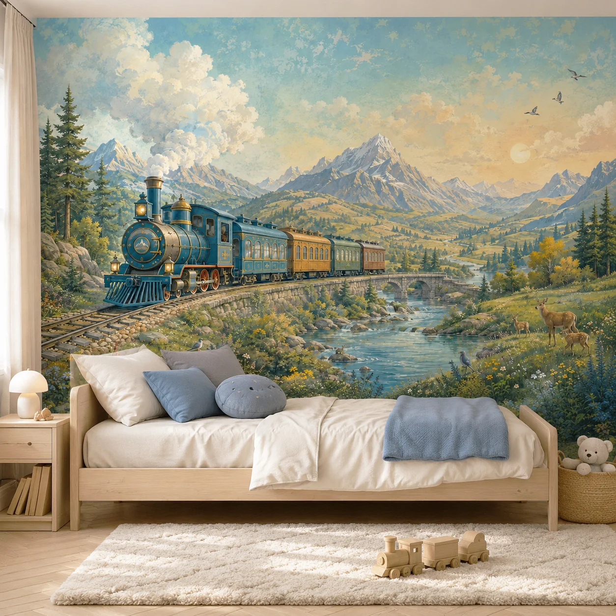 Vintage Steam Train Mountain Wall Mural Railway Landscape Kids Room Wallpaper Non Self Adhesive Needs Glue