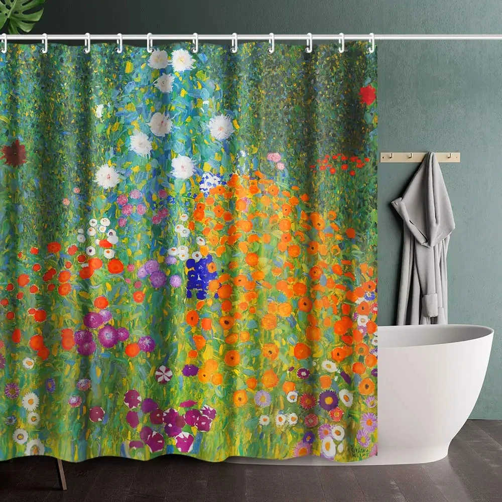 Bathroom Shower Curtain Set with Hook,Flower Garden By Gustav Klimt,Home Art Paintings Pictures Curtain for Bathroom Accessories