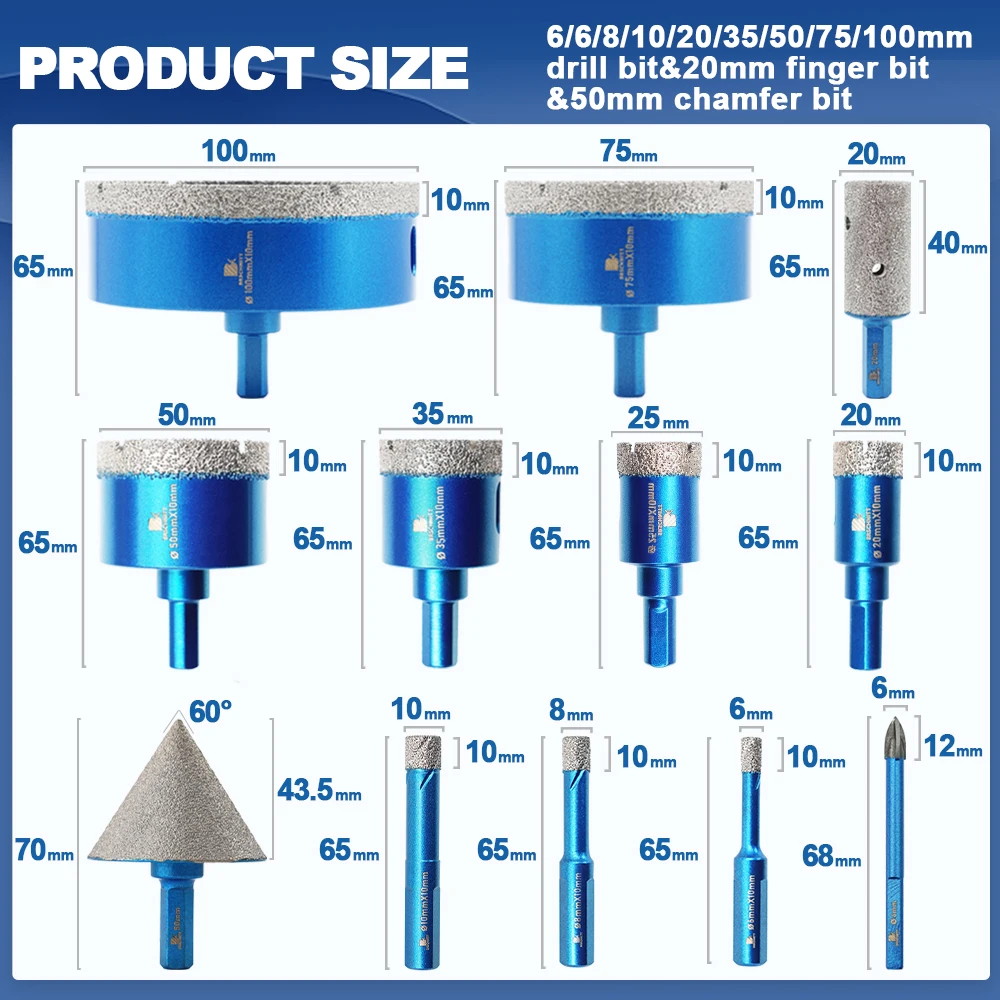 طقم قطع حفر ألماسية BRSCHNITT ، قاطع بلاط ، سيراميك ، رخام ، جرانيت ، منشار ثقب ساق مثلث ، منشار كوب حفر ، 12