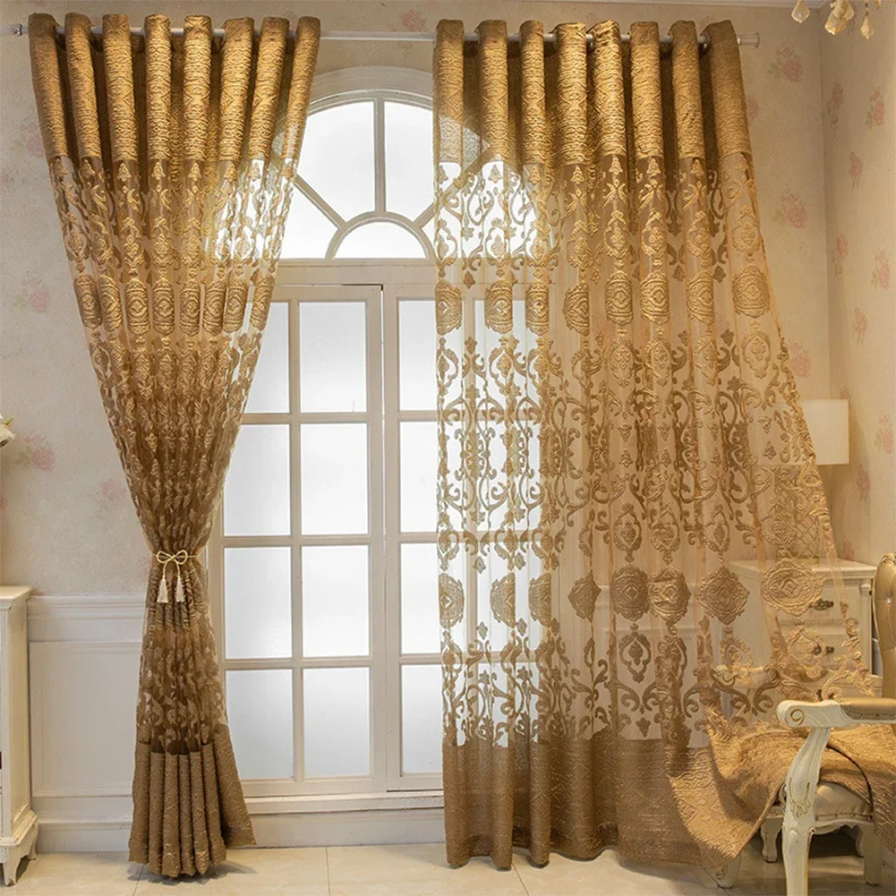 NAPEARL Luxury Embroidered Gold Jacquard Floral Sheer Curtains for Bedroom Window Drapes 1PC