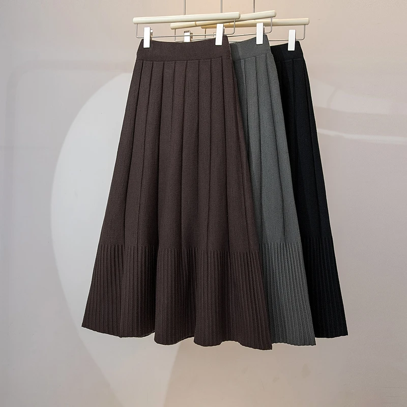 Casual High Waist Loose Knit Full Length Pleated Skirt Korean Fashion Streetwear Basics Autumn Winter Plus Size Elastic Clothing