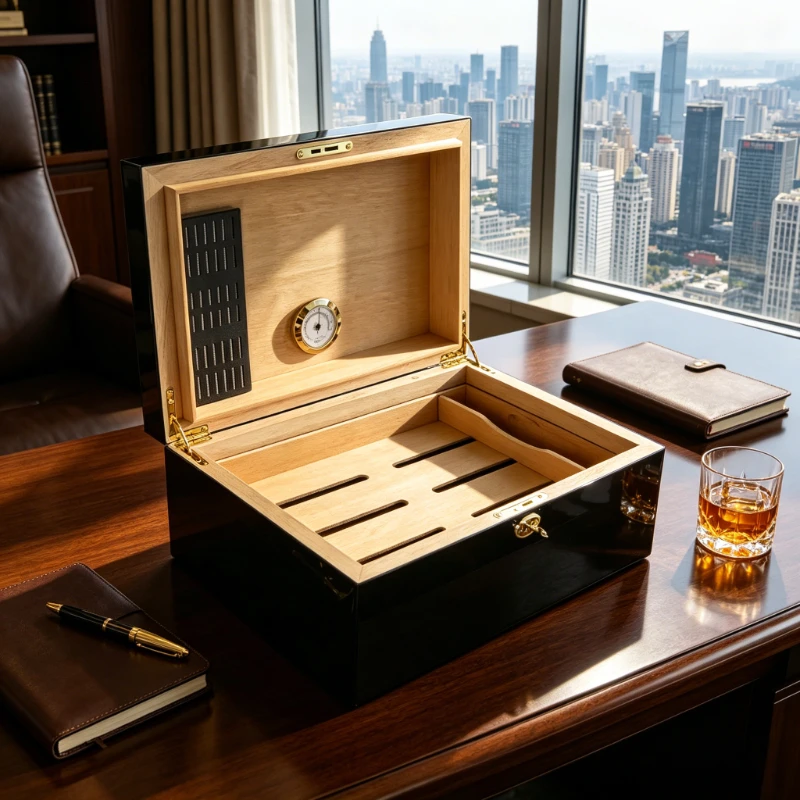 Black Cedar Cigar Humidor with Humidifier Thermometer Golden Lock Portable Cigar Storage Box Men Gift Hold 30-80 Cigars