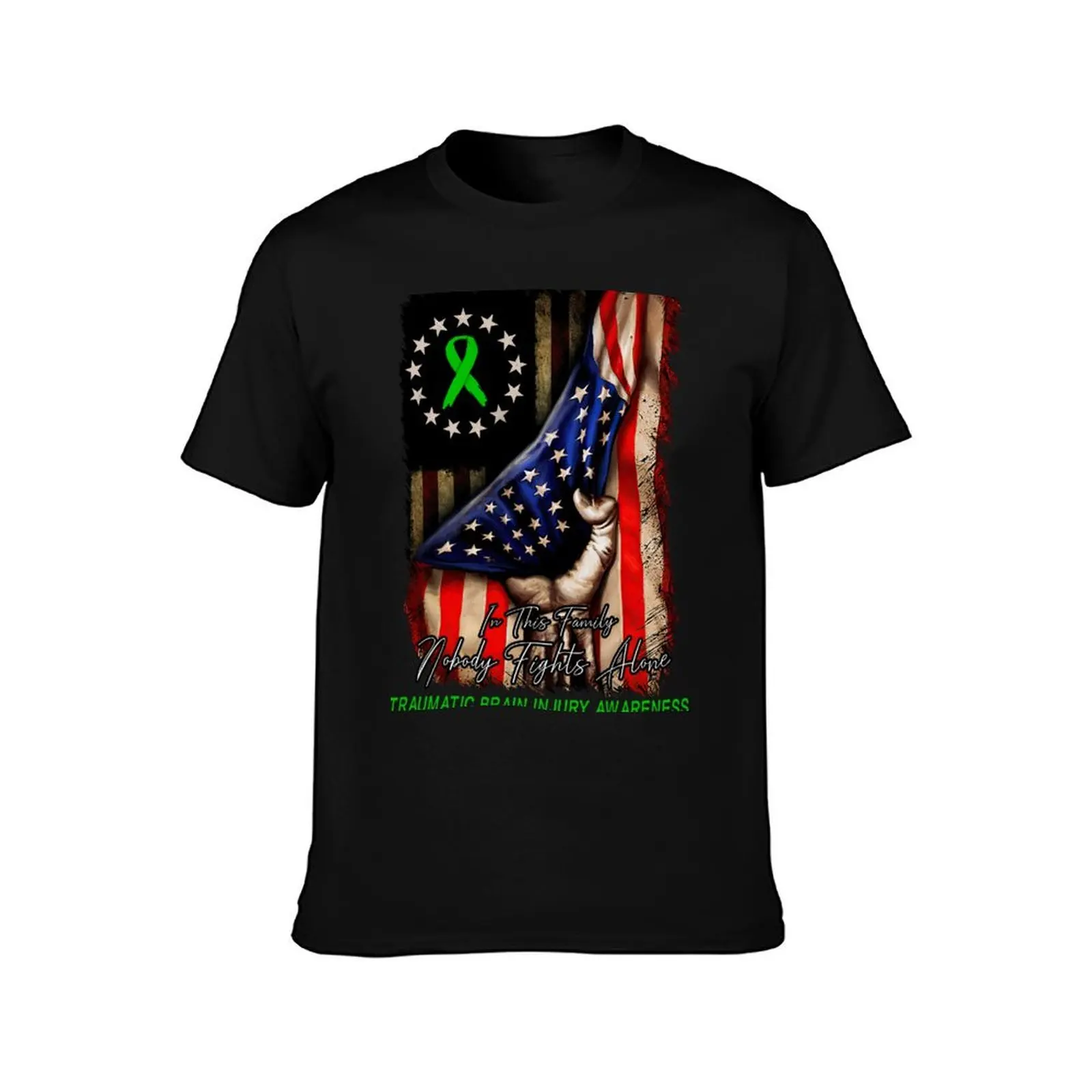 Distressed American Flag Nobody Fight Alone Traumatic Brain Injury Awareness T-Shirt Soft Stretch Short Sleeve Top T-Shirt