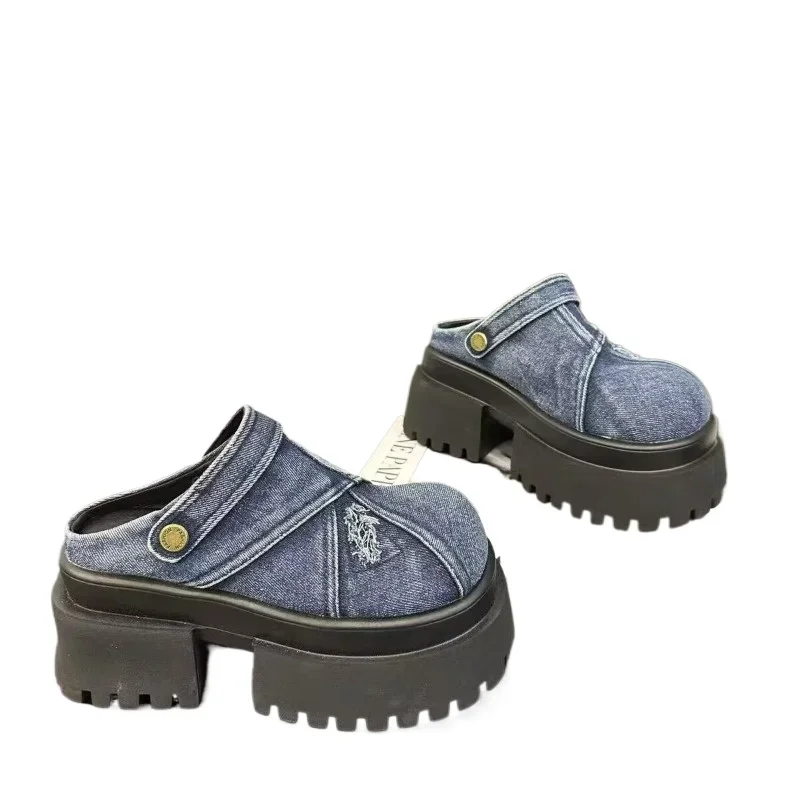 Hot Sale 2025 Summer Women's Slippers Denim Round Toe Sandals Chunky Mid Heel Closed Toe Outdoor Casual Slip on Female Shoes