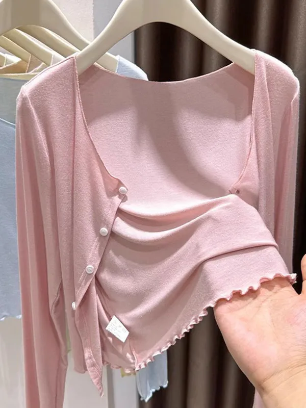

Pink Dopaamine Skin Shirt Cardigan Women's Summer Ice Silk Knitted Sunscreen Shawl with Halter Dress Outer Cover Coat