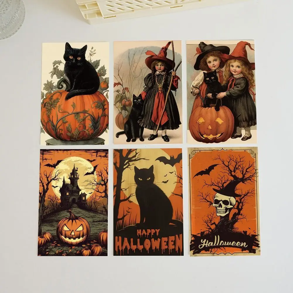 10pcs/set Black Cat Pumpkin Themed Halloween Message Cards Castle Broom Festival Black Cat Wall Stickers Paper Cartoon