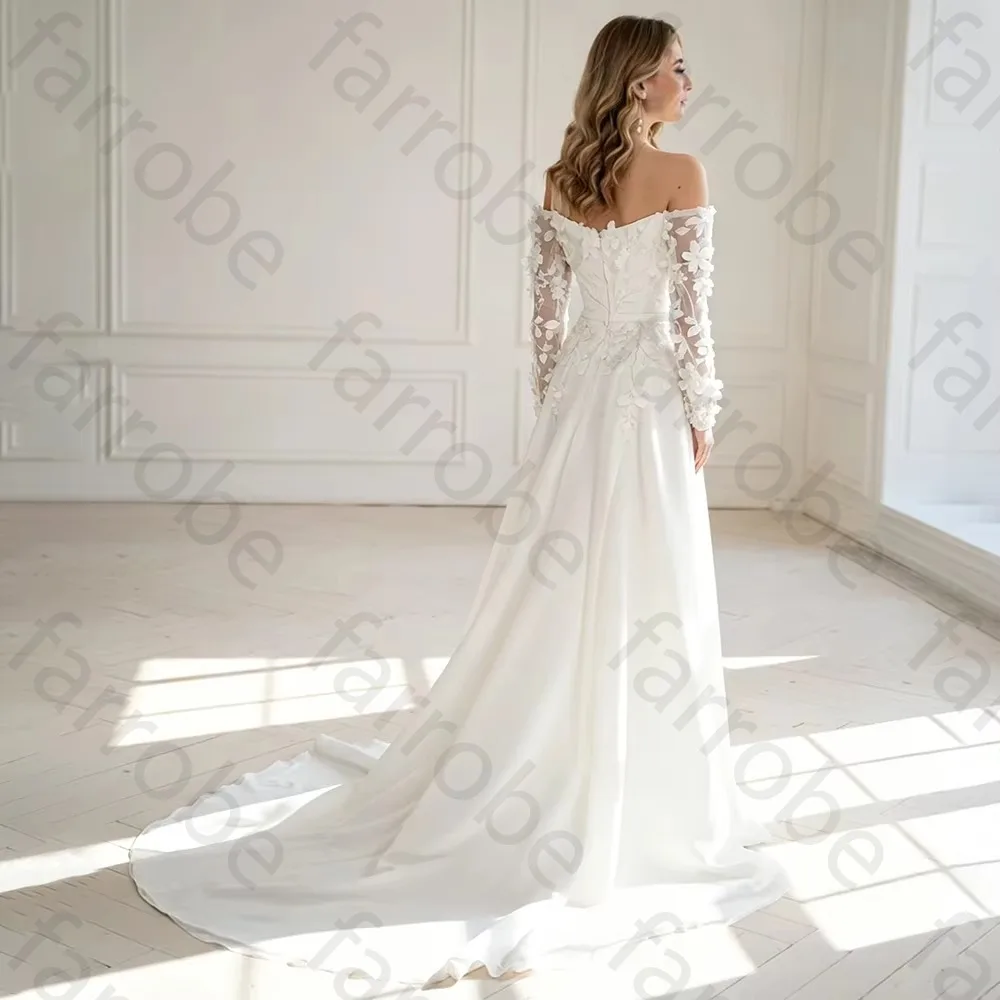 Customized Off Shoulder Mermaid Floor Length Satin Wedding Dress Long Sleeve Floral Applique High Split Bridal Gowns for Women