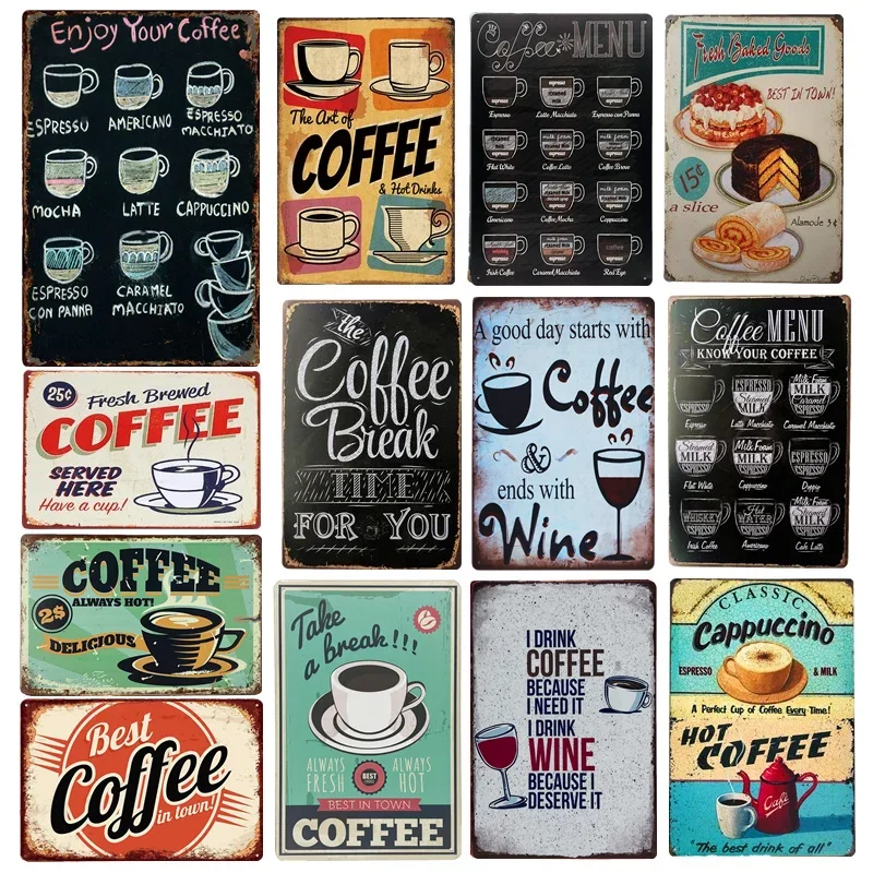 Vintage Shabby Chic Coffee Menu Home Bar Cafe Metal Tin Signs Pub Tavern Retro Decorative Plate Poster Wall Decor