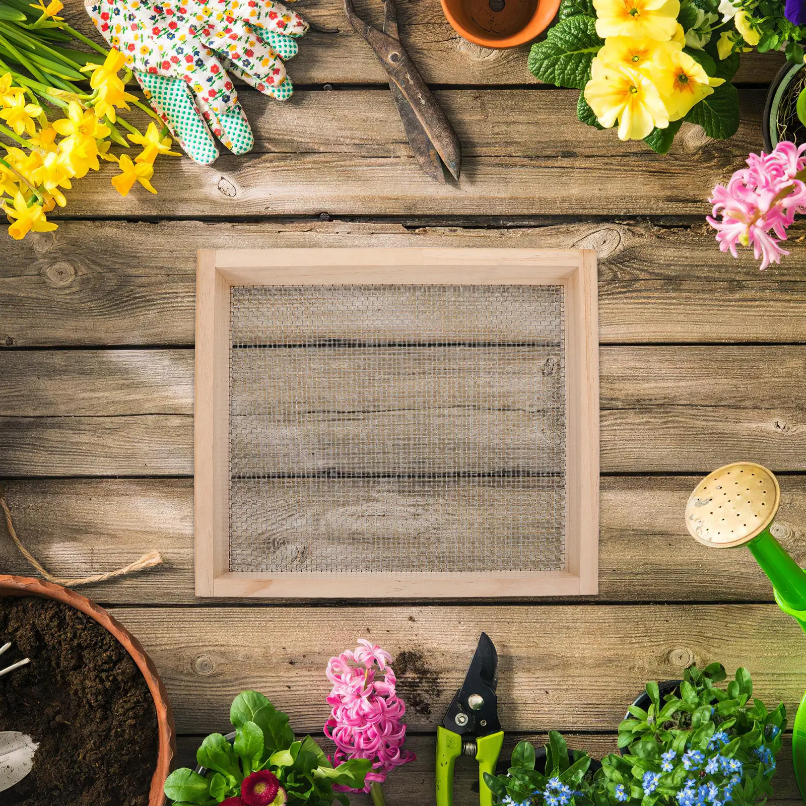 

Garden Soil Screen Wooden Frame Metal Mesh Dirt Sifter for Rocks Compost Potting Soil Screening Gardening Tool