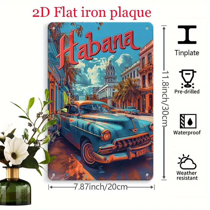 Vintage Havana Street Metal Wall Art - Cuban Decor with Classic Cars, Architecture & Trees Retro Garage, for Man Cave,