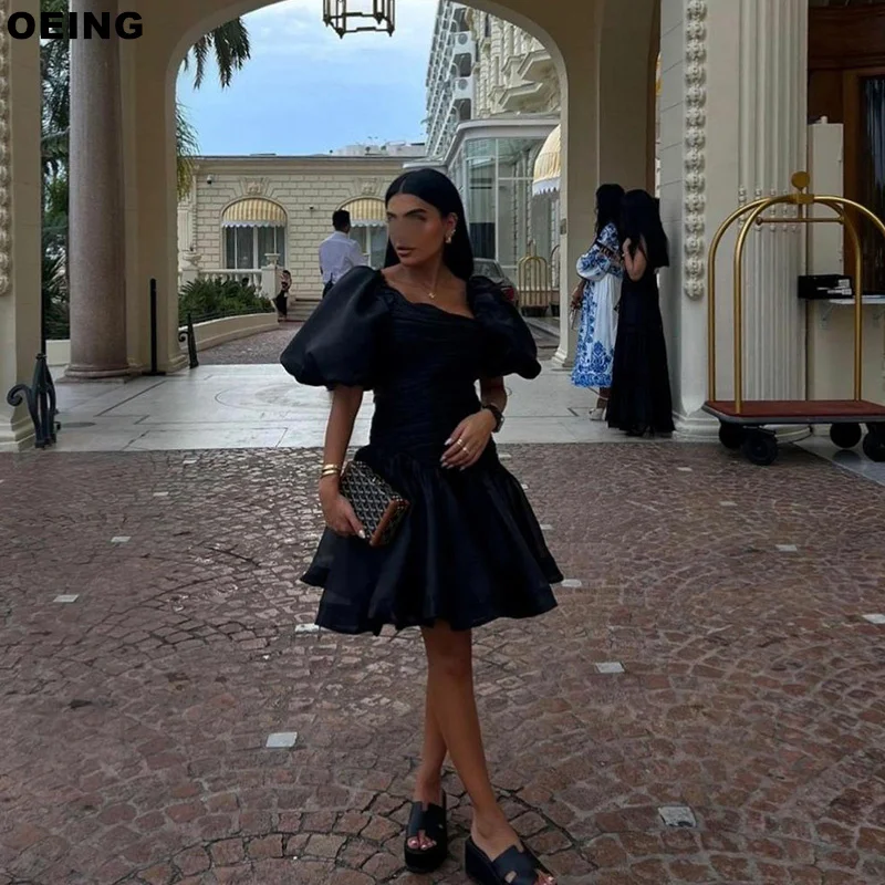 OEING-Vestido de noite preto com mangas puff para mulheres, vestidos de baile simples, vestidos até o joelho, vestidos formais para ocasiões