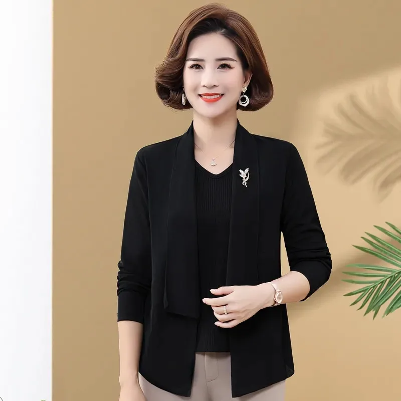Middle Aged Elderly Women's T-Shirt Top 2026 New Women Fashion Printed Fake Two Piece T-Shirt Spring Autumn Clothing Tshirt