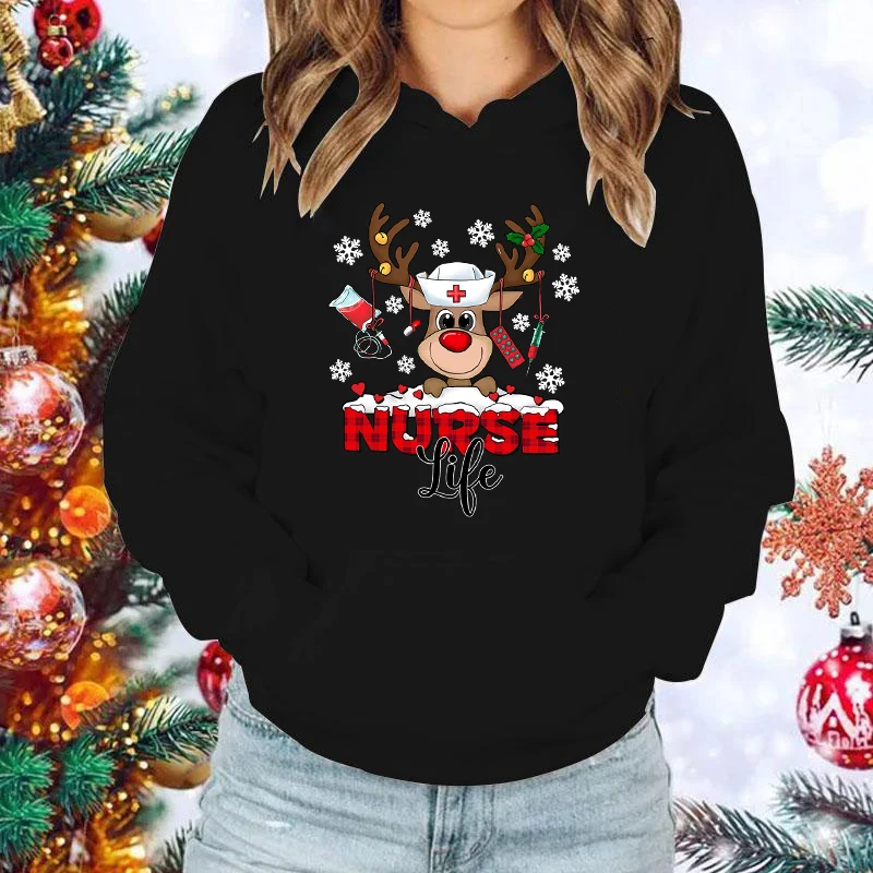 New Christmas Elk Nurse Life Printed Pullover Fashion Women Men Hoodies Long Sleeve Casual Hooded Christmas Sweatshirt