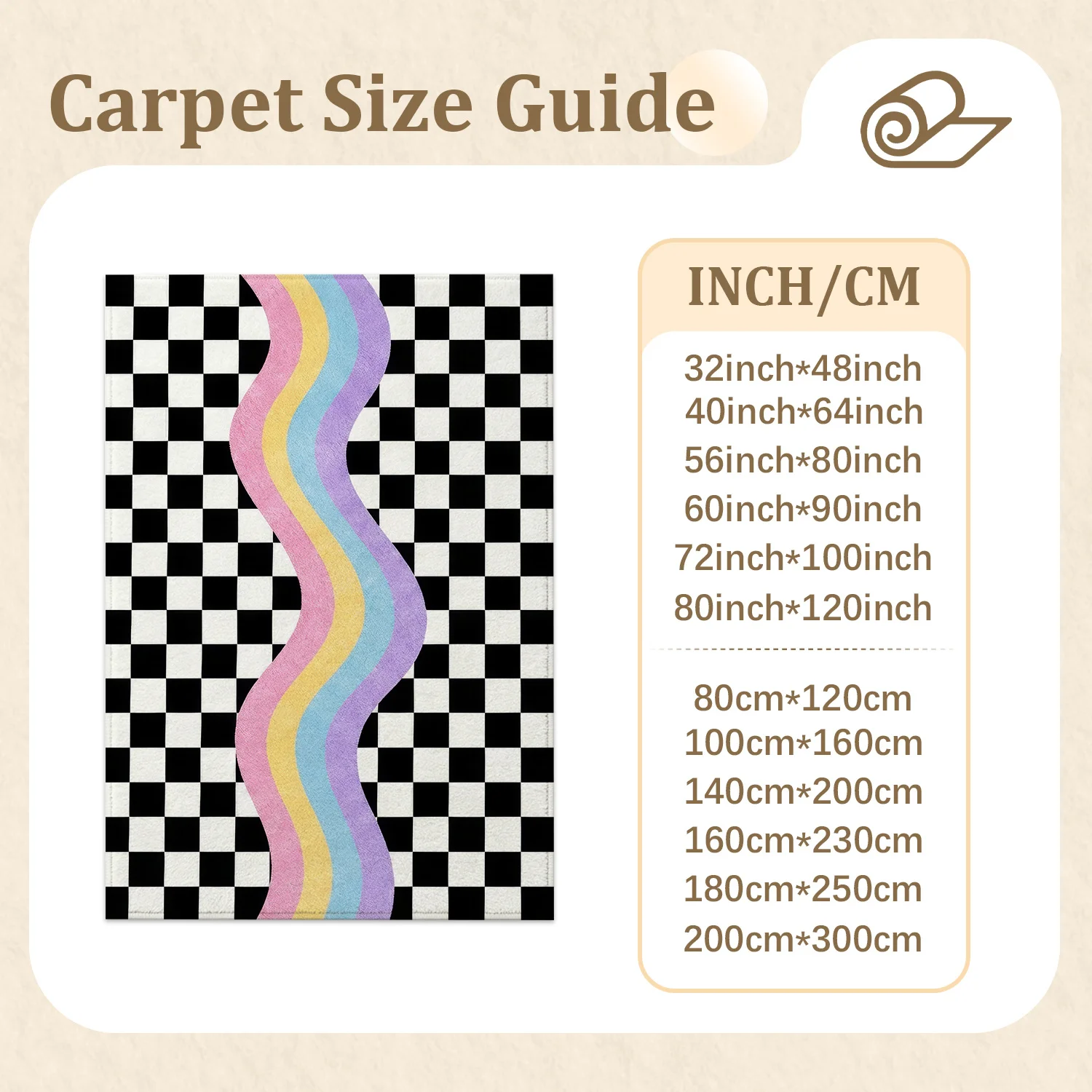 Large Indoor Area Rug, Soft Velvet Low Pile Checkered Retro Rainbow Wave Rug, Non-slip Dotted Backing, Machine Washable for Living Room, Bedroom