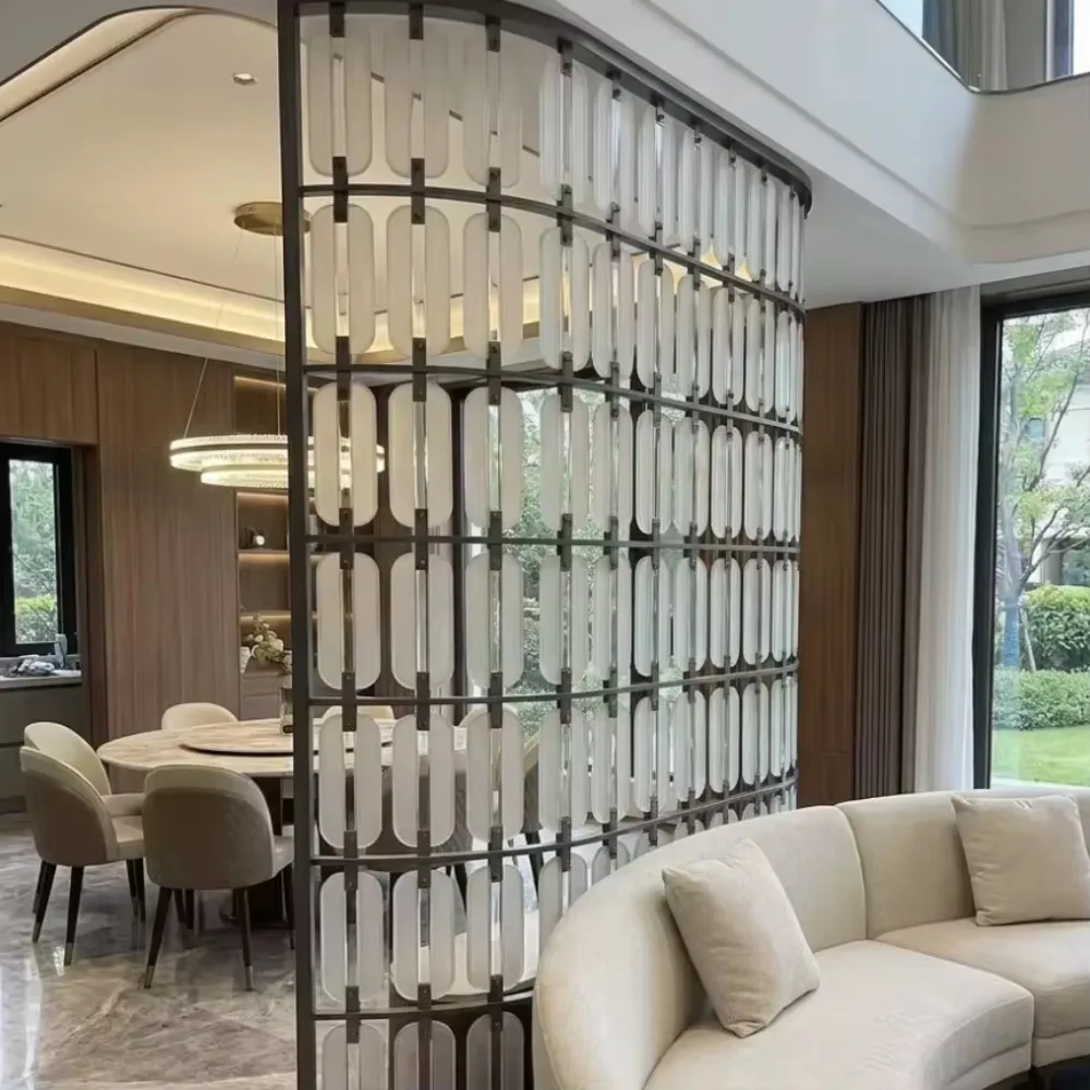 Luxury Hotel Restaurant Partition Wall-Customized Stainless Steel Metal Screen With Frosted Acrylic Glass Inserts Home Bar Decor