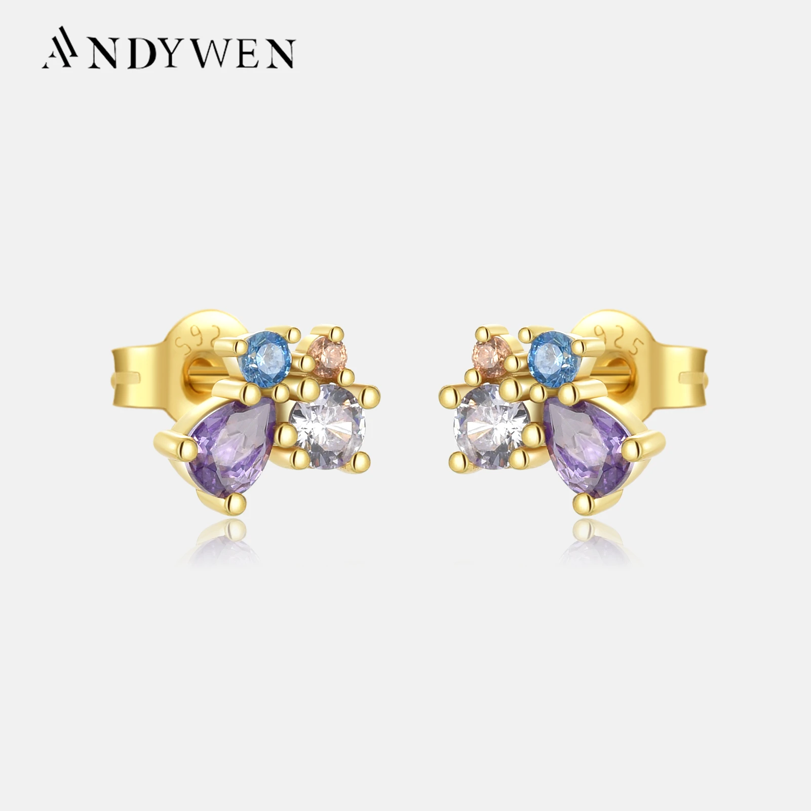 ANDYWEN 925 Sterling Silver Gold Luxury Zircon Purple Blue Zircon Stud Earring Piercing Women Wedding Jewelry For Luxury Jewels