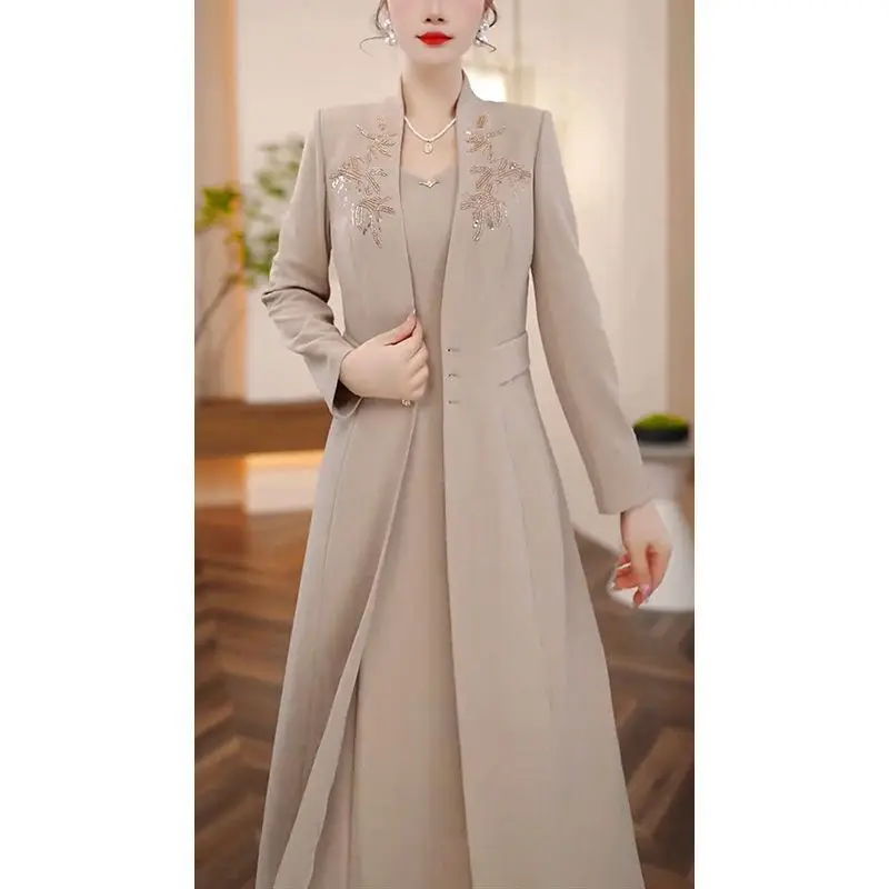 

Осень-зима 2021, новый легкий роскошный однобортный плащ с блестками + платье в стиле ретро, комплект из двух предметов средней длины