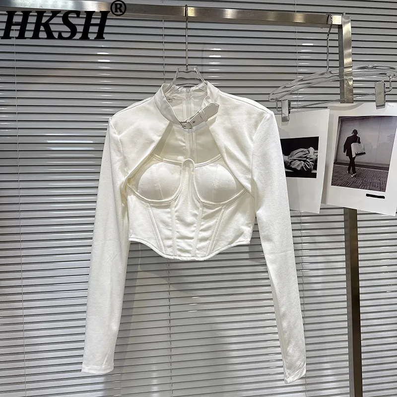 

HKSH Осенняя новая женская шикарная короткая футболка с длинным рукавом и воротником-стойкой, ажурная лоскутная накладка на грудь, сексуальный уличный топ HK10184