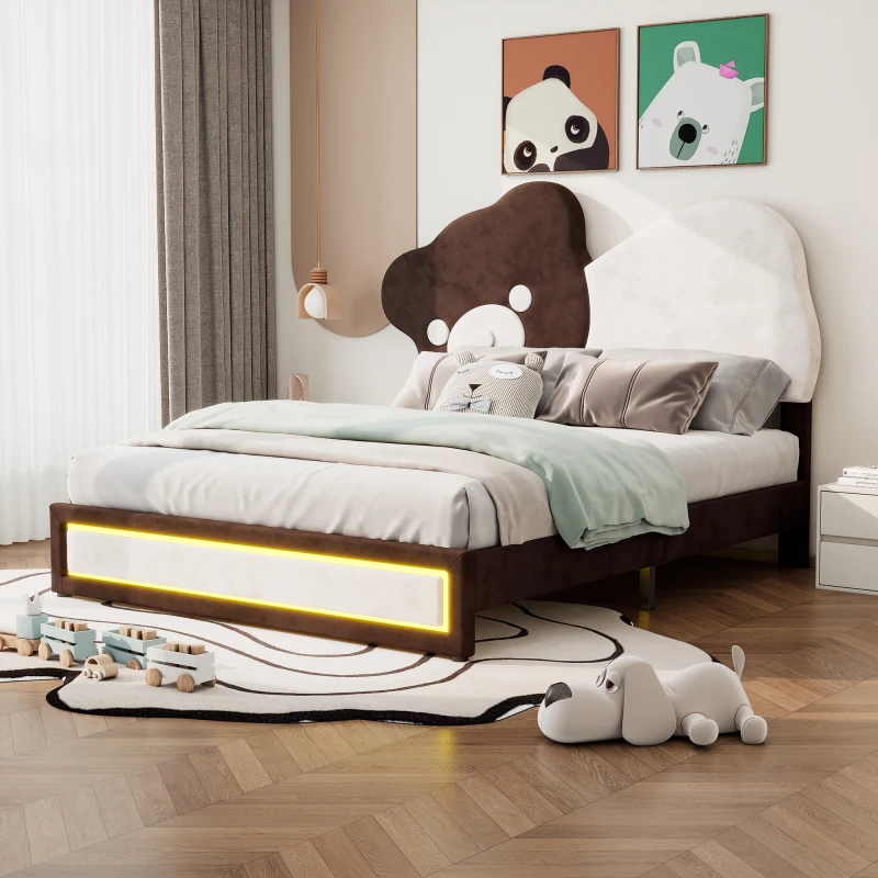 Full Size Upholstered Platform Bed with Bear Shaped Headboard, LED Light Strips, White   Brown