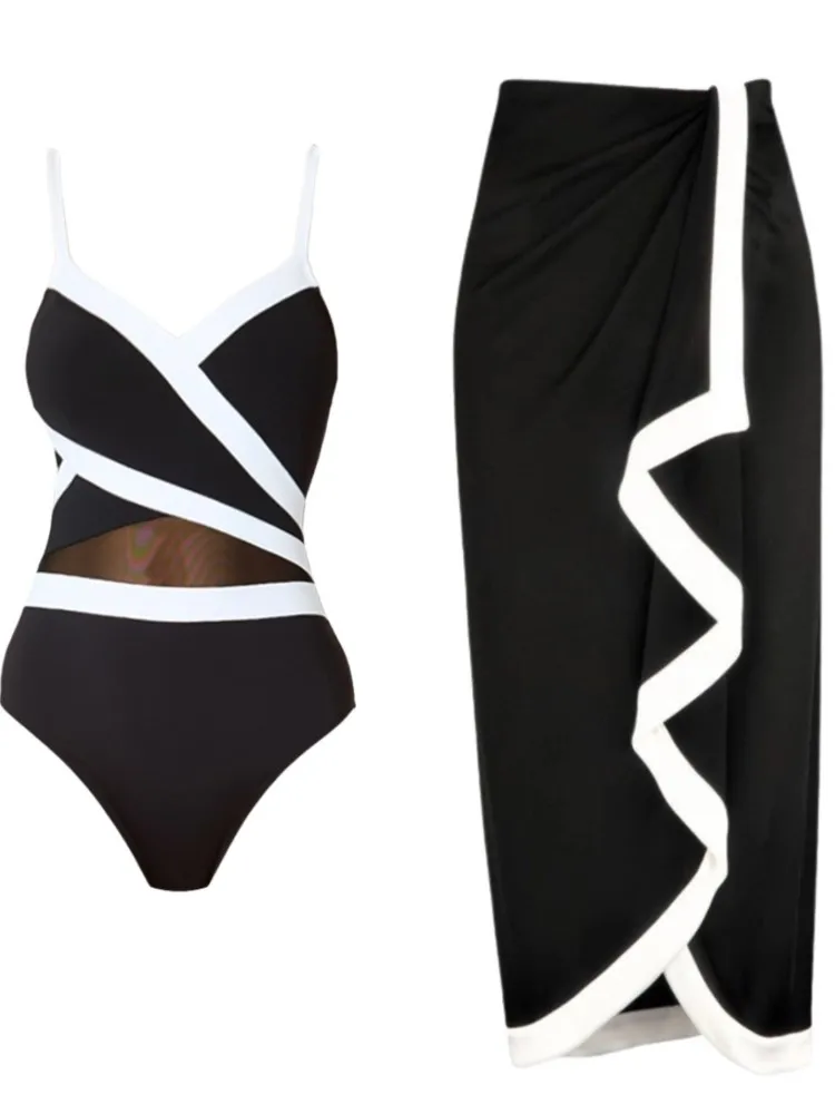 Retro Bikini Printed Fashion Two Piece Swimsuit And Cover Up With Skirt Tight Women's Bandage Summer Beach Luxury Elegant