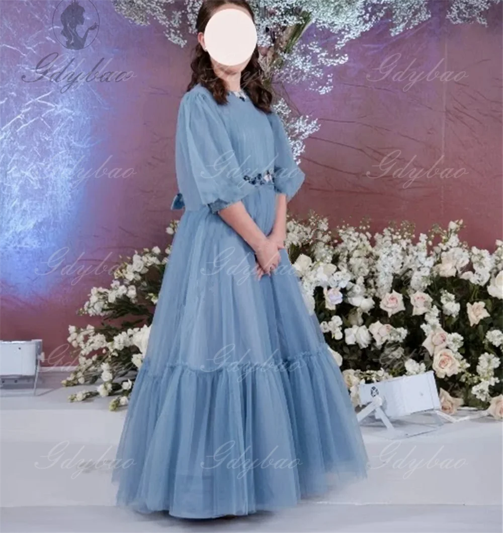 Gray-blue Tulle Short Puff Sleeves Flower Girl Dress Ruffles Pleated Floor Length Sashes Junior Concert Gown Customized