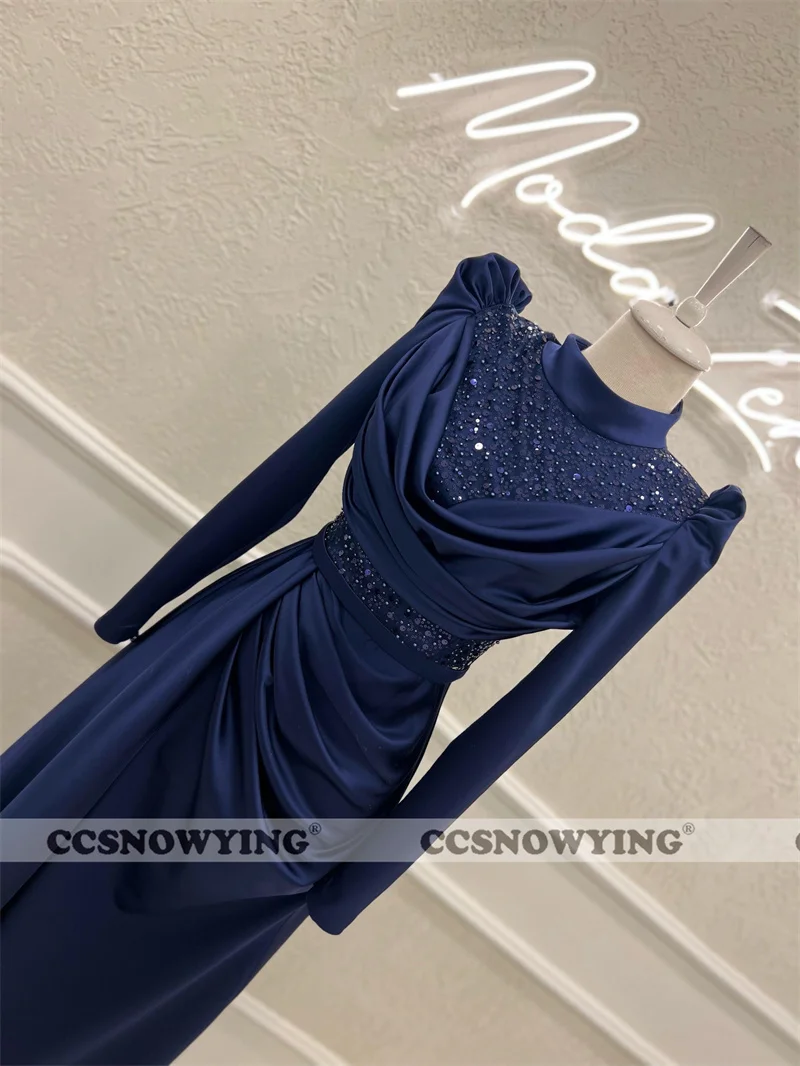 Satin Sequin Long Sleeve Muslim Evening Dresses High Neck Arabic Islamic Formal Party Gown Hijab Women A Line Robe De Soiree