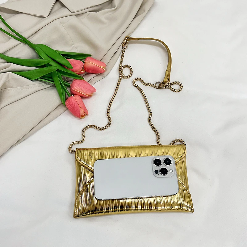 Fashion Design Women Gold Chain Envelope Crossbody Bag Solid Color Pu Leather Shiny Daily Clutch Wedding Party Bling Flap Pouch