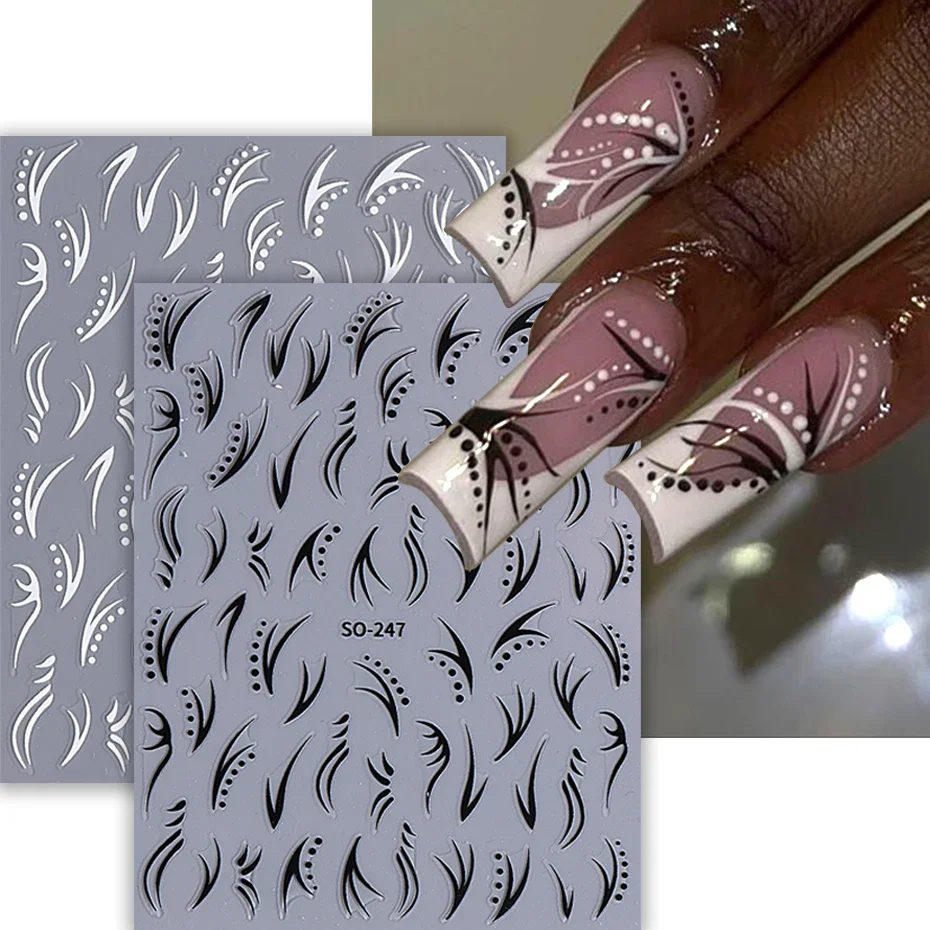 3D Black White Simple Vine Nail Art Stickers Gold Silver Line Hibiscus Flower Self-Adhesive Slider Decal DIY Manicure Decoracion