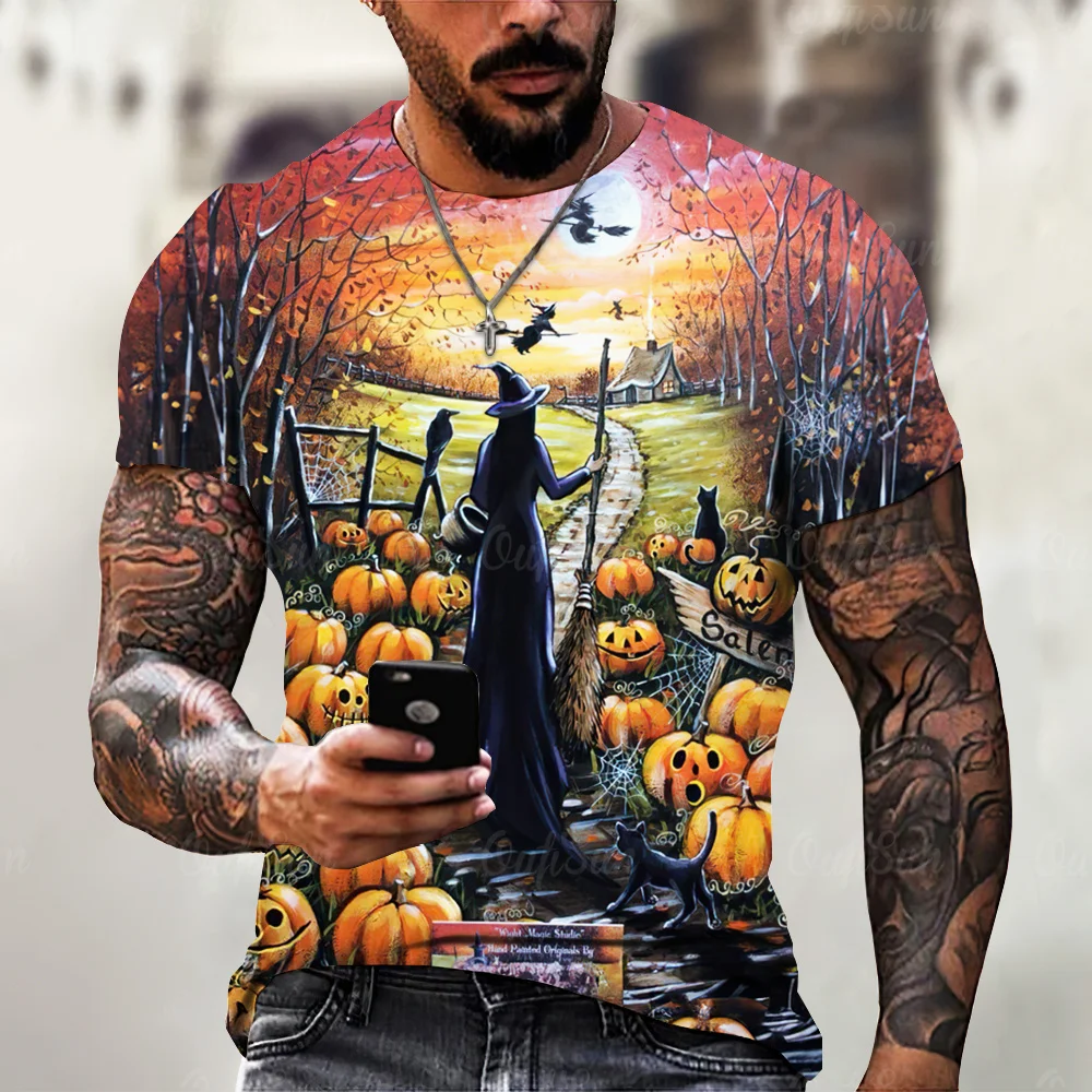 Halloween Harajuku Men's T-Shirts Fashion 3D Pumpkin Lamp Printed Tees Horror Ghost Pattern Short Sleeve Tops Oversized Clothing