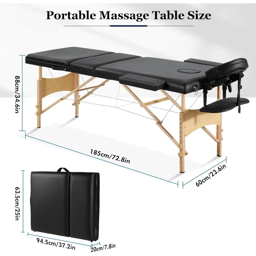 Mesas de masaje portátiles para extensiones de pestañas, mesa de tatuaje de 73 pulgadas de largo, altura ajustable, profesional, 3 pliegues