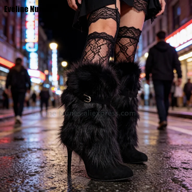Women Black Faux Fur Knee High Boots Stiletto Heel Round Toe Buckle Strap Fluffy Winter Warm Fashion Boots Punk Club Party Shoes