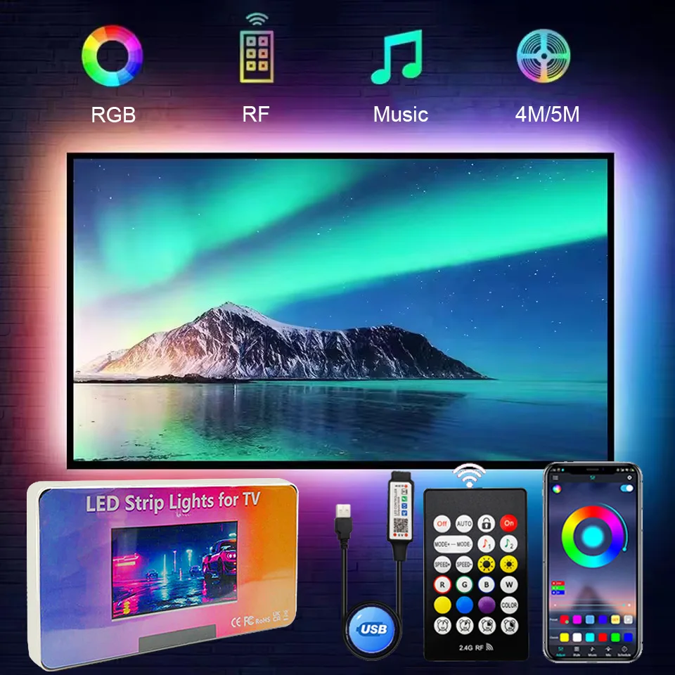 

Светодиодная подсветка телевизора RGB Светодиодная лента Управление приложением Синхронизация музыки Гибкая лампа Лента для игровой атмосферы Украшение комнаты Свет