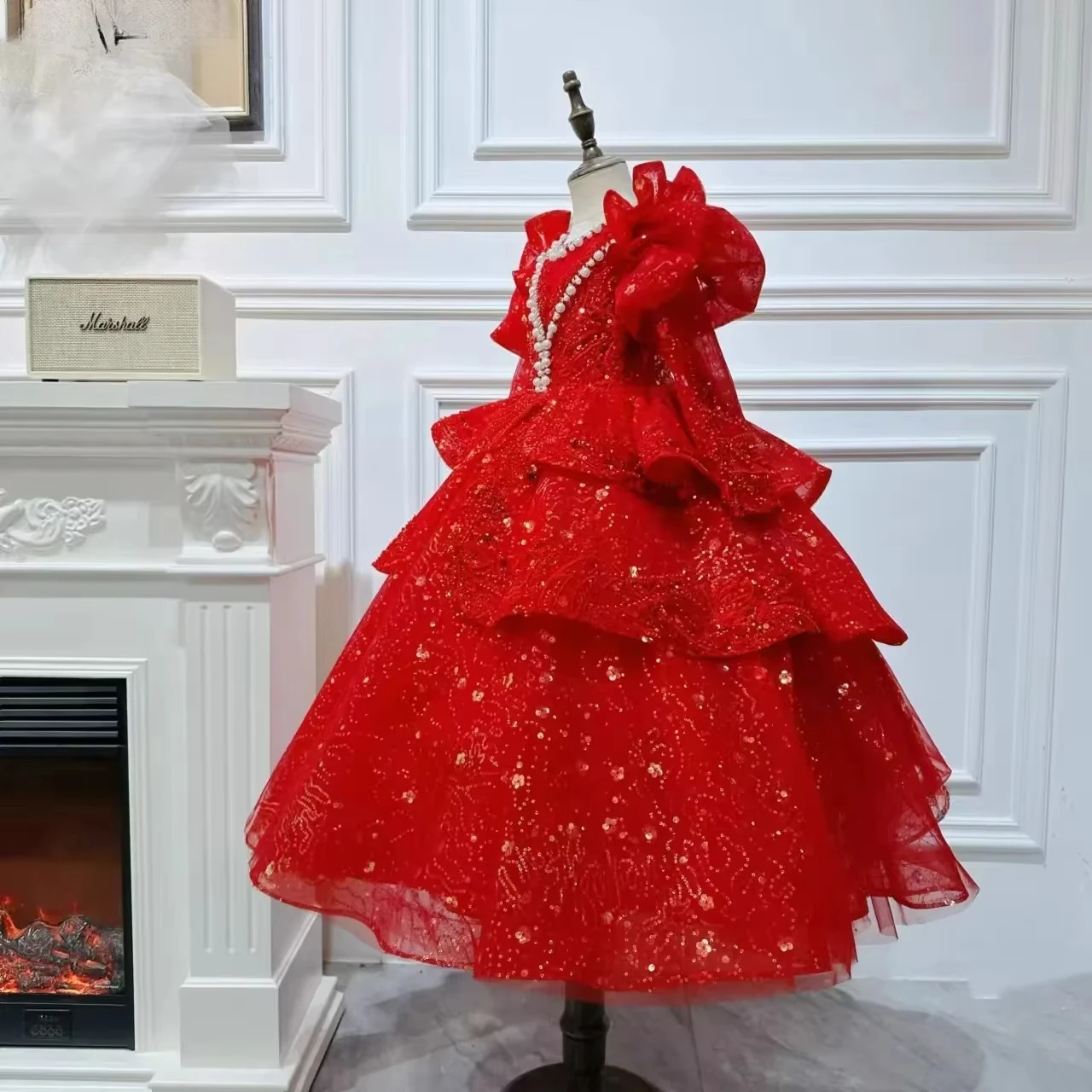 2025, Kinderkleid, Performance-Outfit, Mädchen, Blumenmädchen, Geburtstag, Prinzessinnenkleider, glitzernde Partykleidung, bauschiges Kleid mit Pailletten für Kinder, Rot