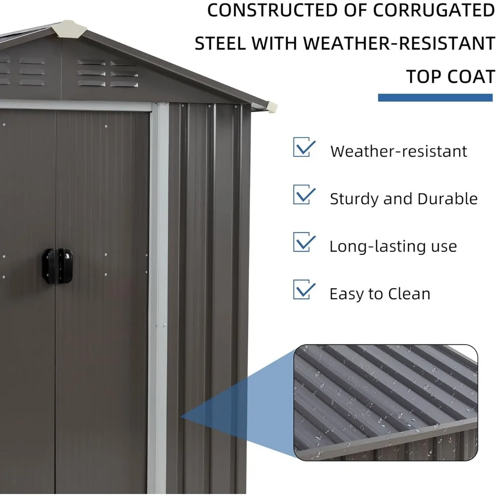سقيفة تخزين خارجية معدنية مقاس 5 × 3 أقدام مع تصميم مقاوم للماء ونافذة وأبواب مزدوجة قابلة للقفل