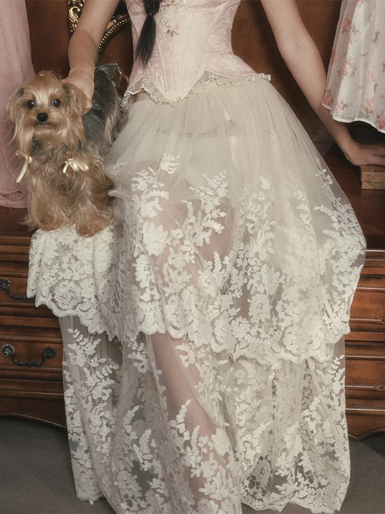 

60-82cm Waist Spring Summer Fall Maxi Skirts Women Korean Fashion Elegant Luxury Embroidery Lace Skirts All-Match Long Skirts